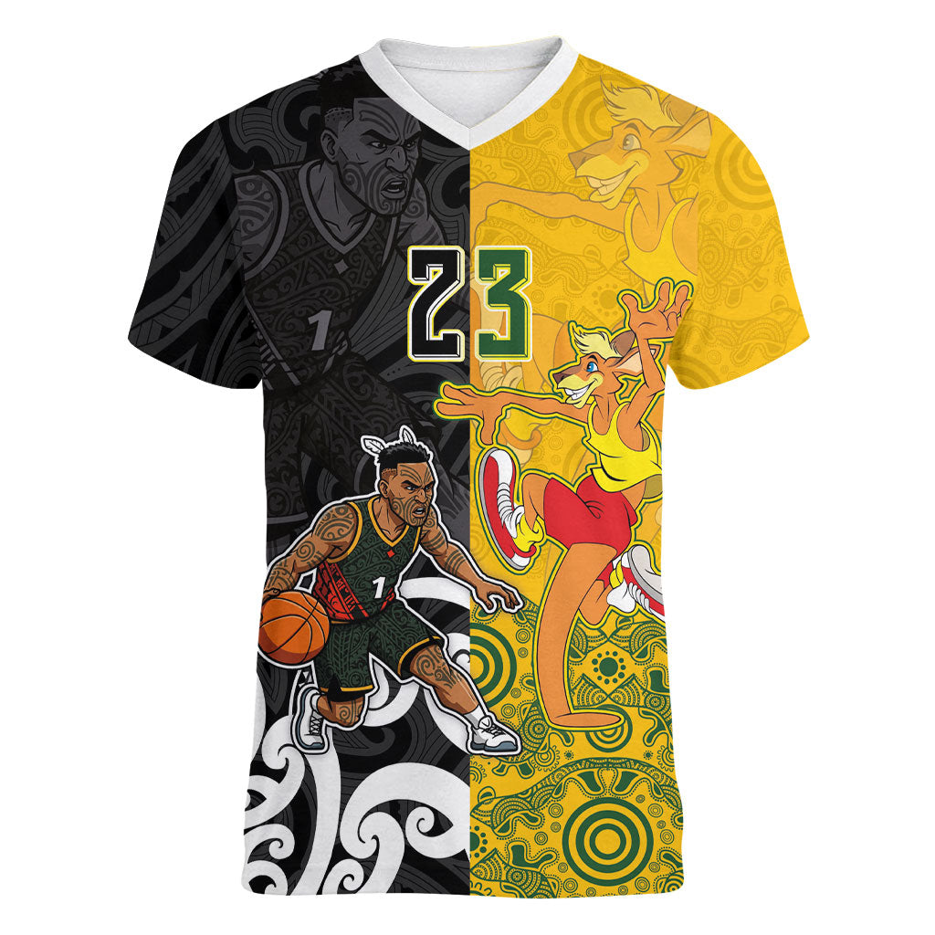Aotearoa New Zealand And Australia Basketball Custom Women V-Neck T-Shirt Maori Tribal Tattoo And Aboriginal Dot Art Heritage