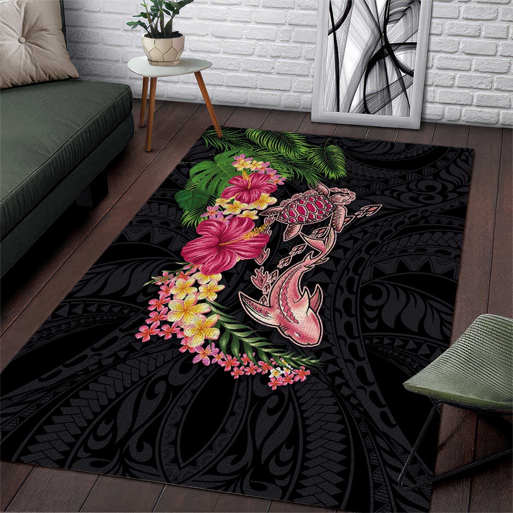 Hawaiian Tropical Plants Turtle and Shark Area Rug Polynesian Art Tattoo