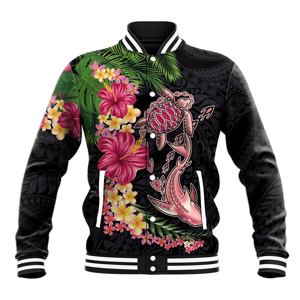 Hawaiian Tropical Plants Turtle and Shark Baseball Jacket Polynesian Art Tattoo LT03 Unisex Black - Polynesian Pride