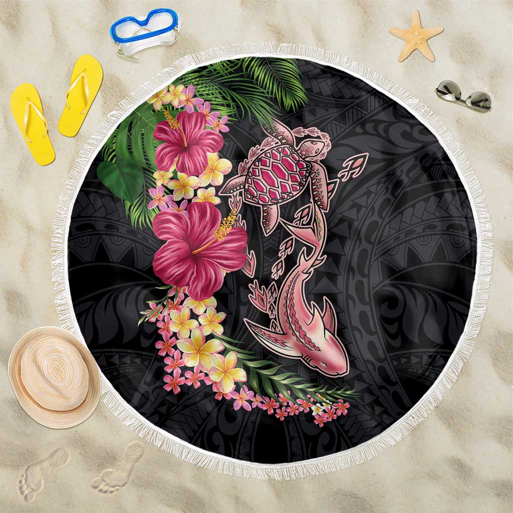 Hawaiian Tropical Plants Turtle and Shark Beach Blanket Polynesian Art Tattoo LT03 One Size 150cm Black - Polynesian Pride