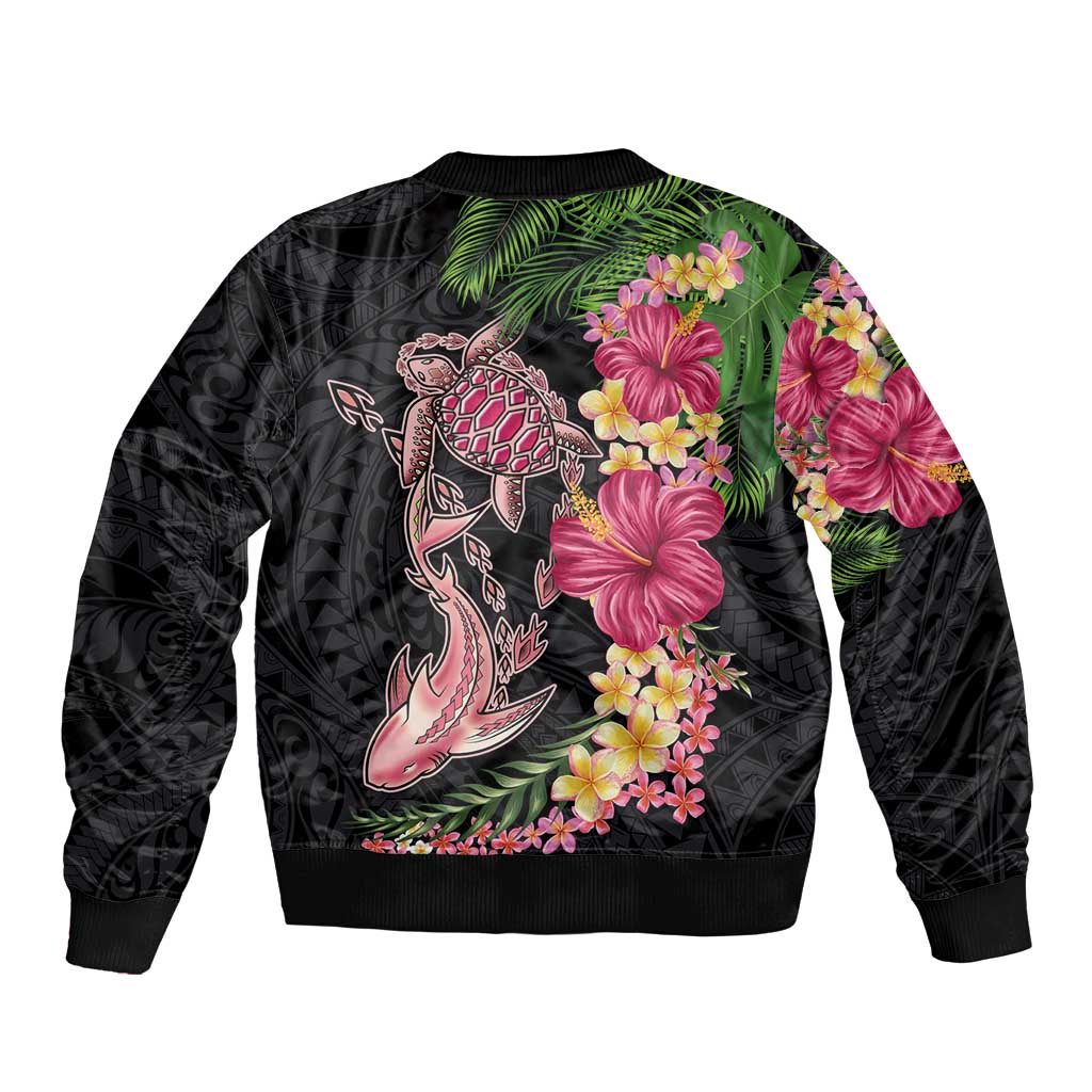 Hawaiian Tropical Plants Turtle and Shark Bomber Jacket Polynesian Art Tattoo