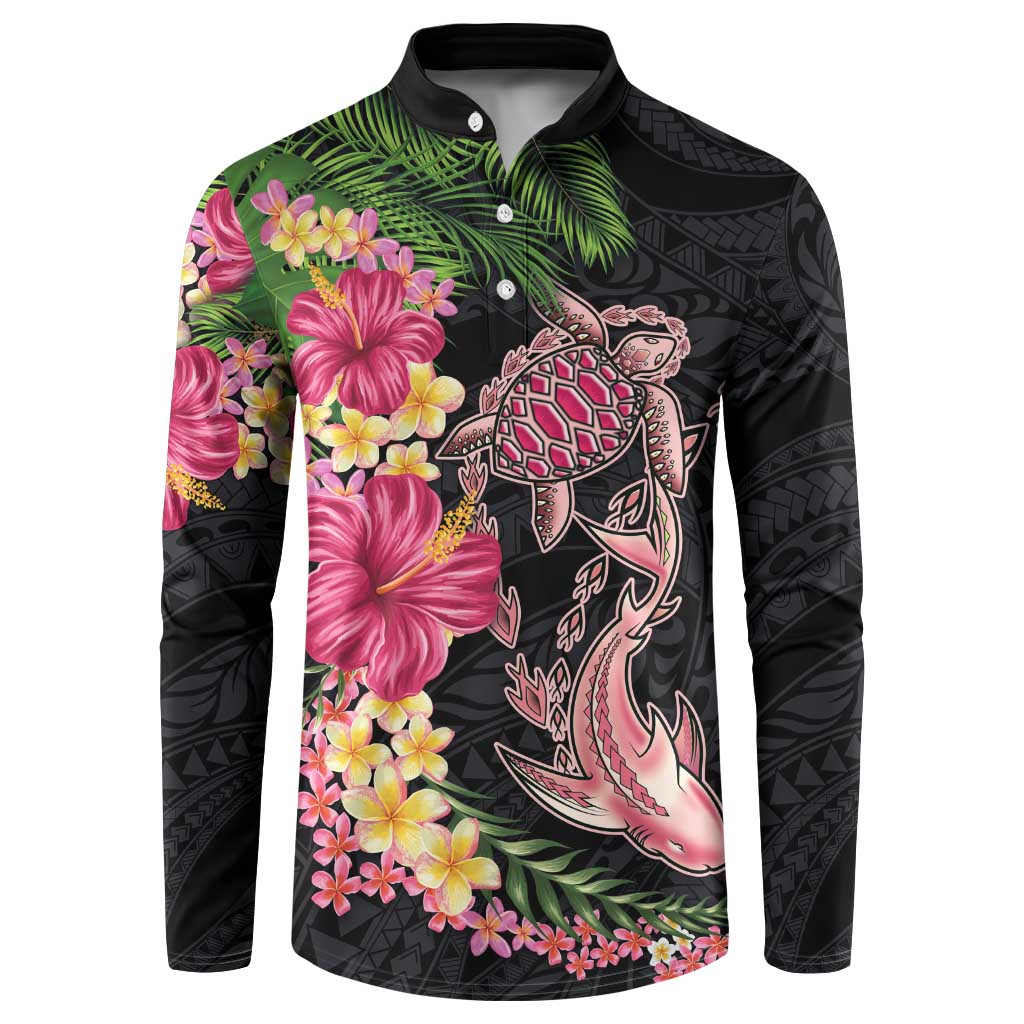 Hawaiian Tropical Plants Turtle and Shark Button Sweatshirt Polynesian Art Tattoo LT03 Black - Polynesian Pride