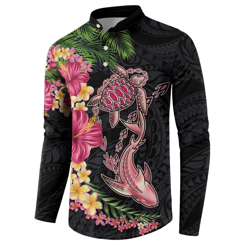 Hawaiian Tropical Plants Turtle and Shark Button Sweatshirt Polynesian Art Tattoo LT03 - Polynesian Pride