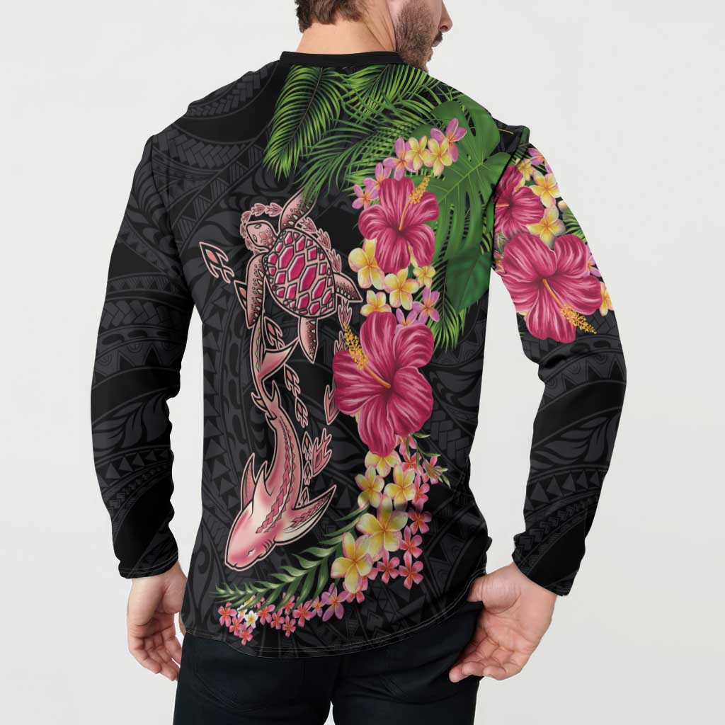 Hawaiian Tropical Plants Turtle and Shark Button Sweatshirt Polynesian Art Tattoo LT03 - Polynesian Pride