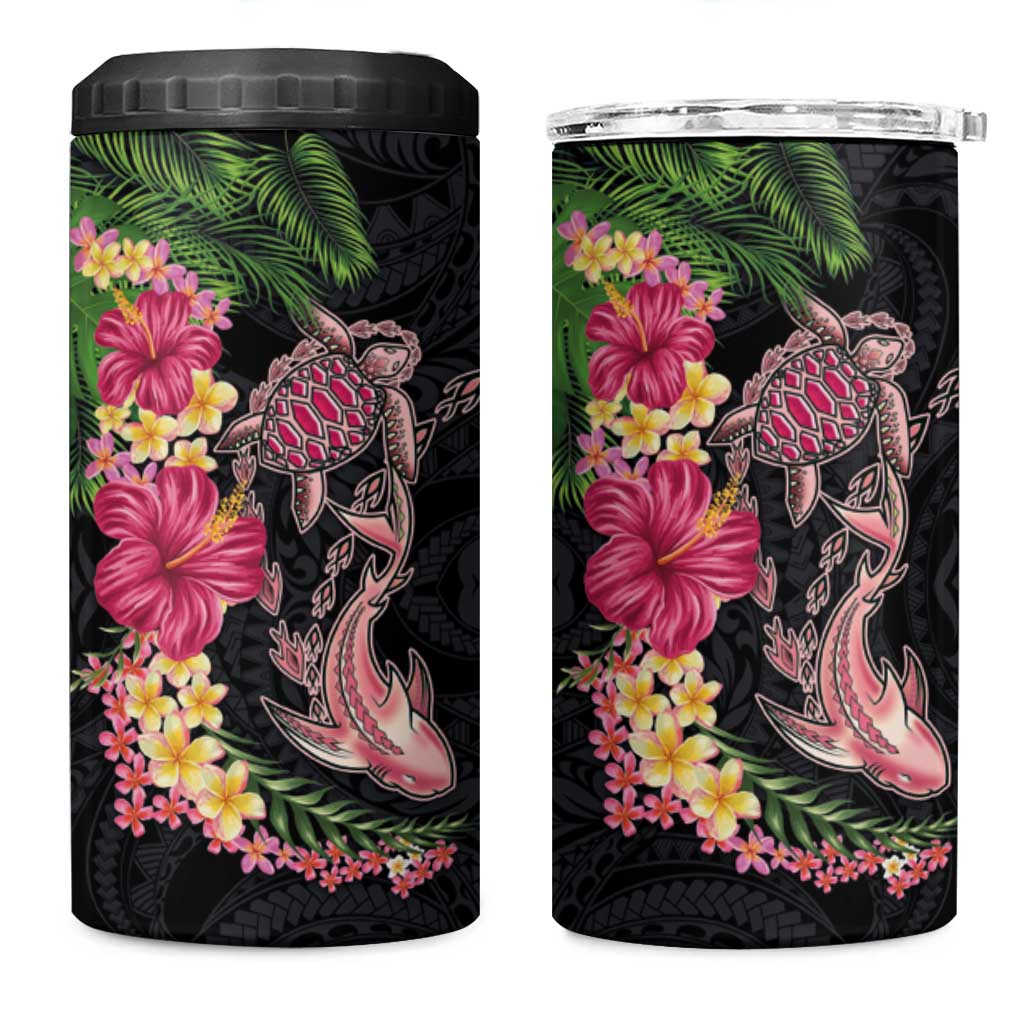 Hawaiian Tropical Plants Turtle and Shark 4 in 1 Can Cooler Tumbler Polynesian Art Tattoo