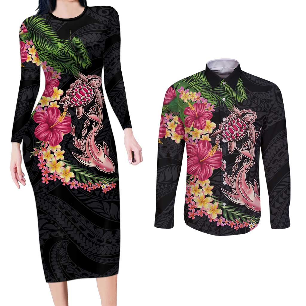 Hawaiian Tropical Plants Turtle and Shark Couples Matching Long Sleeve Bodycon Dress and Long Sleeve Button Shirt Polynesian Art Tattoo LT03 Black - Polynesian Pride
