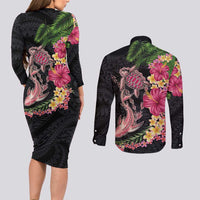 Hawaiian Tropical Plants Turtle and Shark Couples Matching Long Sleeve Bodycon Dress and Long Sleeve Button Shirt Polynesian Art Tattoo LT03 - Polynesian Pride