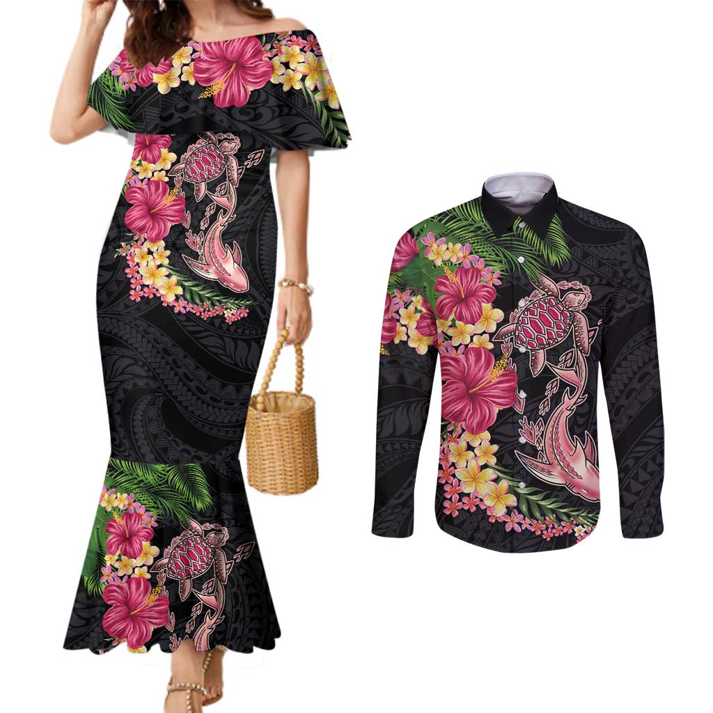 Hawaiian Tropical Plants Turtle and Shark Couples Matching Mermaid Dress and Long Sleeve Button Shirt Polynesian Art Tattoo LT03 Black - Polynesian Pride