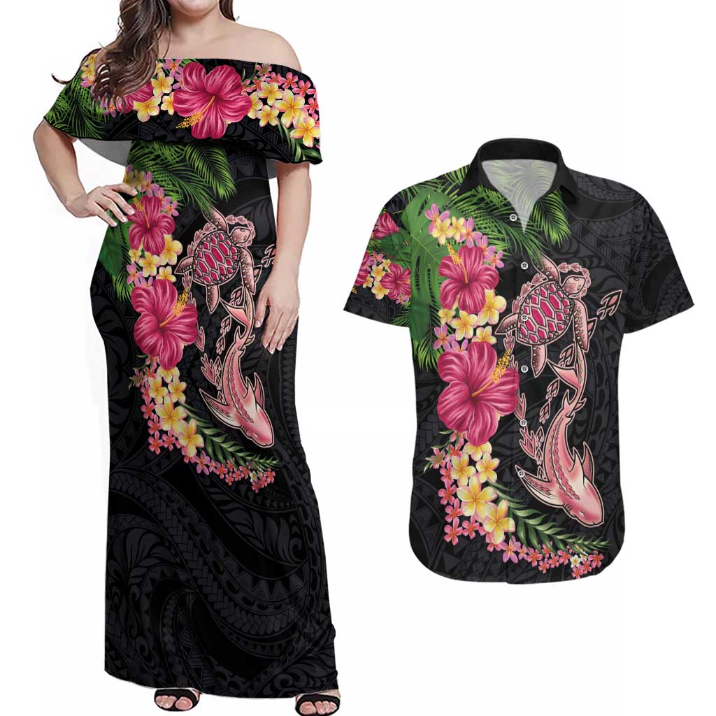 Hawaiian Tropical Plants Turtle and Shark Couples Matching Off Shoulder Maxi Dress and Hawaiian Shirt Polynesian Art Tattoo LT03 Black - Polynesian Pride