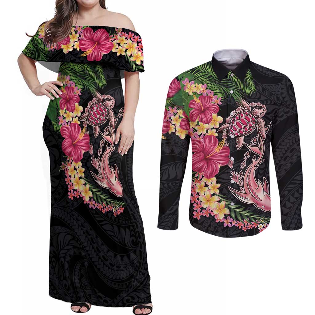 Hawaiian Tropical Plants Turtle and Shark Couples Matching Off Shoulder Maxi Dress and Long Sleeve Button Shirt Polynesian Art Tattoo LT03 Black - Polynesian Pride