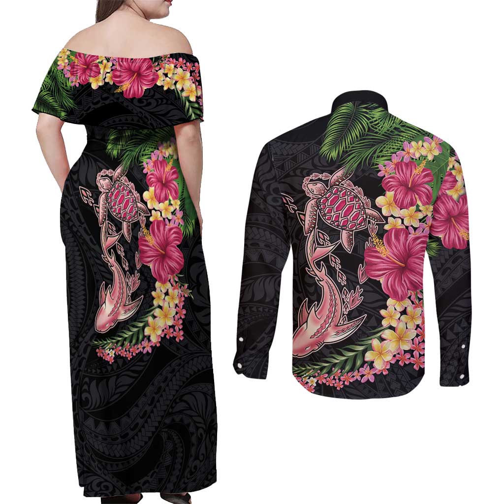 Hawaiian Tropical Plants Turtle and Shark Couples Matching Off Shoulder Maxi Dress and Long Sleeve Button Shirt Polynesian Art Tattoo LT03 - Polynesian Pride