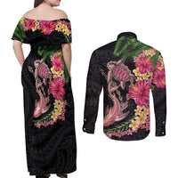 Hawaiian Tropical Plants Turtle and Shark Couples Matching Off Shoulder Maxi Dress and Long Sleeve Button Shirt Polynesian Art Tattoo LT03 - Polynesian Pride