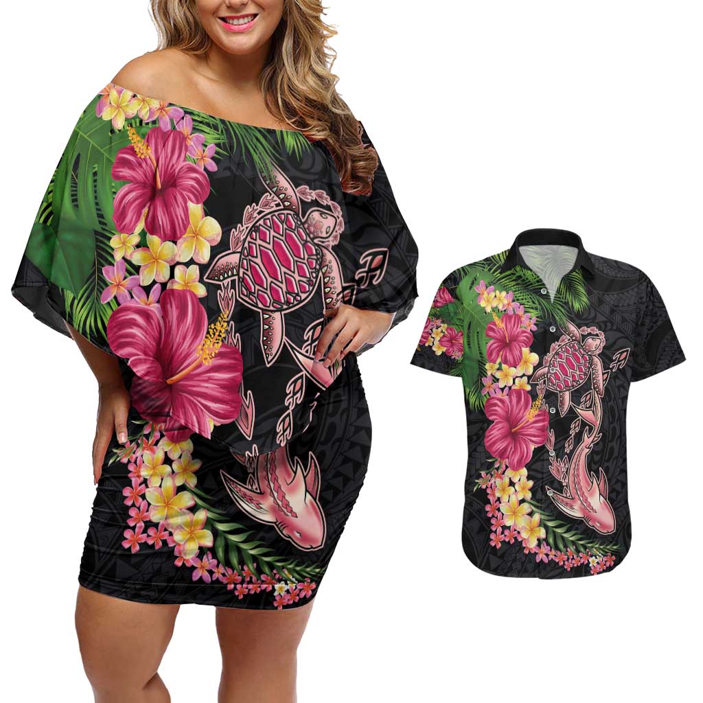 Hawaiian Tropical Plants Turtle and Shark Couples Matching Off Shoulder Short Dress and Hawaiian Shirt Polynesian Art Tattoo LT03 Black - Polynesian Pride