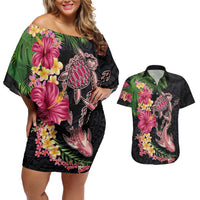 Hawaiian Tropical Plants Turtle and Shark Couples Matching Off Shoulder Short Dress and Hawaiian Shirt Polynesian Art Tattoo LT03 Black - Polynesian Pride