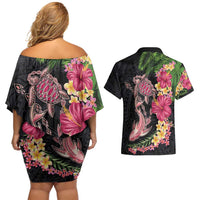 Hawaiian Tropical Plants Turtle and Shark Couples Matching Off Shoulder Short Dress and Hawaiian Shirt Polynesian Art Tattoo LT03 - Polynesian Pride