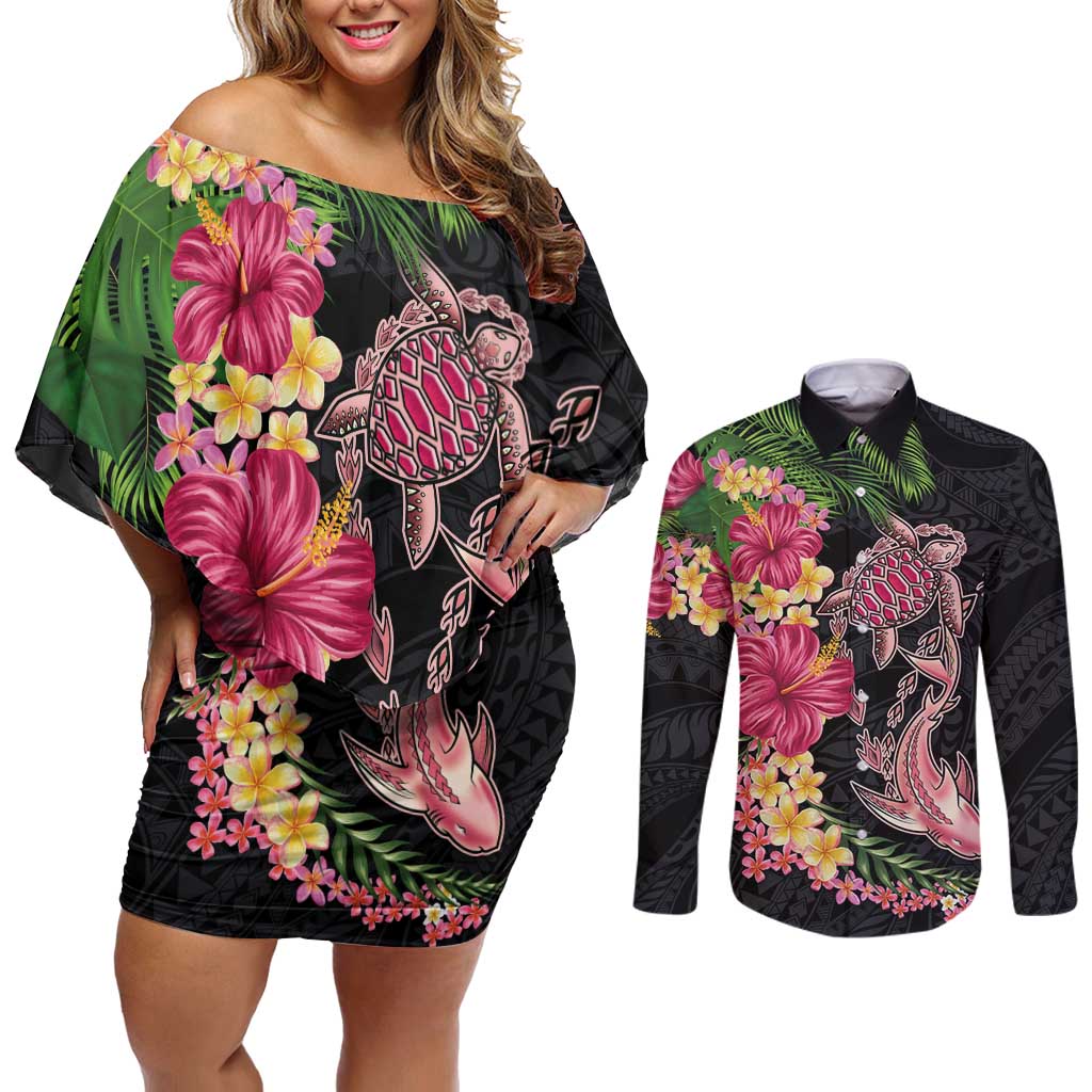 Hawaiian Tropical Plants Turtle and Shark Couples Matching Off Shoulder Short Dress and Long Sleeve Button Shirt Polynesian Art Tattoo LT03 Black - Polynesian Pride
