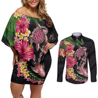 Hawaiian Tropical Plants Turtle and Shark Couples Matching Off Shoulder Short Dress and Long Sleeve Button Shirt Polynesian Art Tattoo LT03 Black - Polynesian Pride