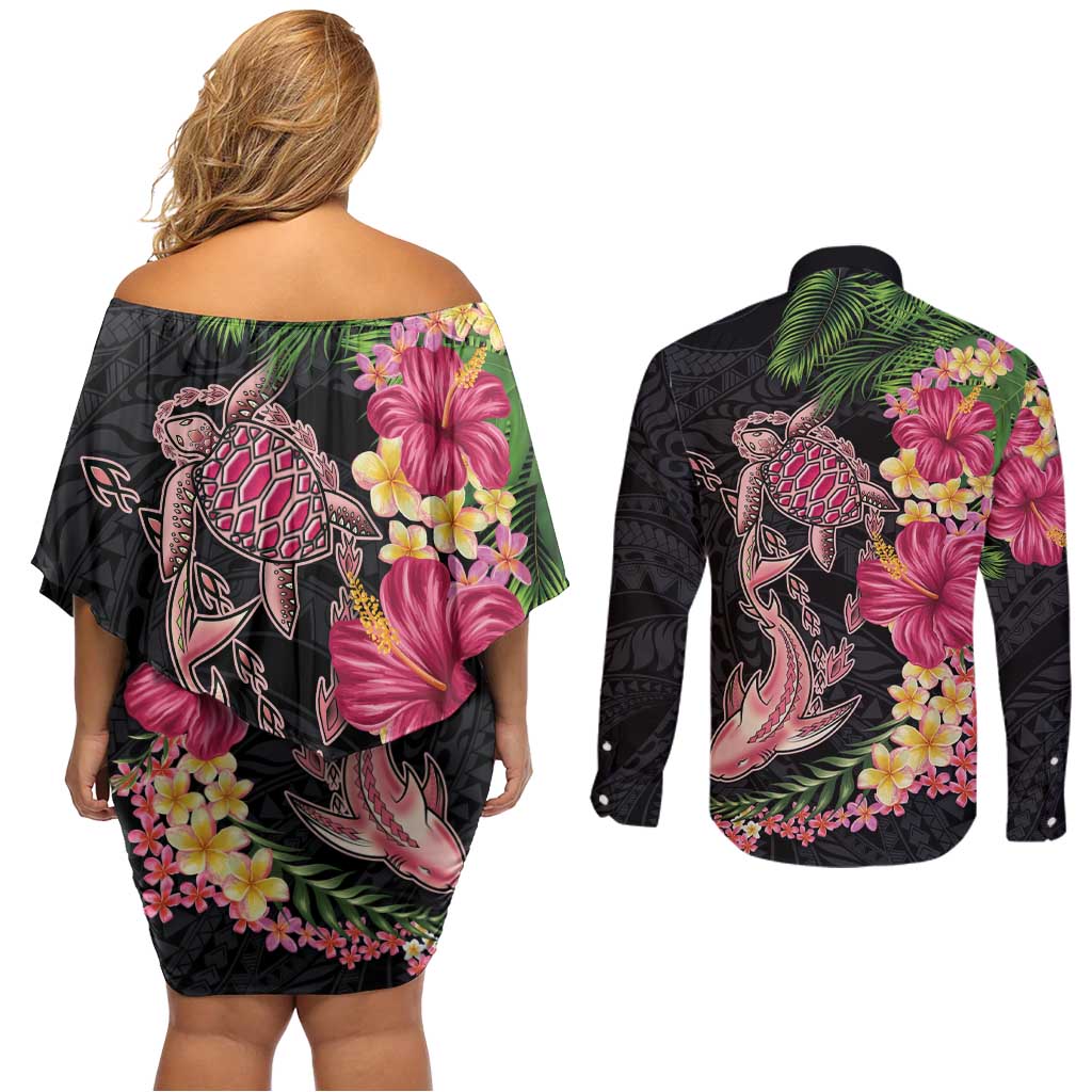 Hawaiian Tropical Plants Turtle and Shark Couples Matching Off Shoulder Short Dress and Long Sleeve Button Shirt Polynesian Art Tattoo LT03 - Polynesian Pride