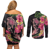 Hawaiian Tropical Plants Turtle and Shark Couples Matching Off Shoulder Short Dress and Long Sleeve Button Shirt Polynesian Art Tattoo LT03 - Polynesian Pride