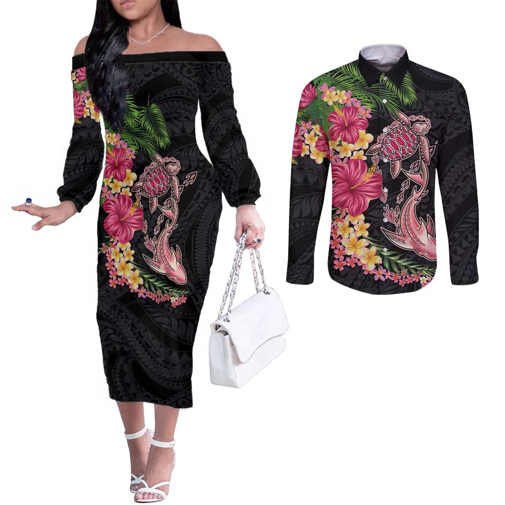 Hawaiian Tropical Plants Turtle and Shark Couples Matching Off The Shoulder Long Sleeve Dress and Long Sleeve Button Shirt Polynesian Art Tattoo LT03 Black - Polynesian Pride