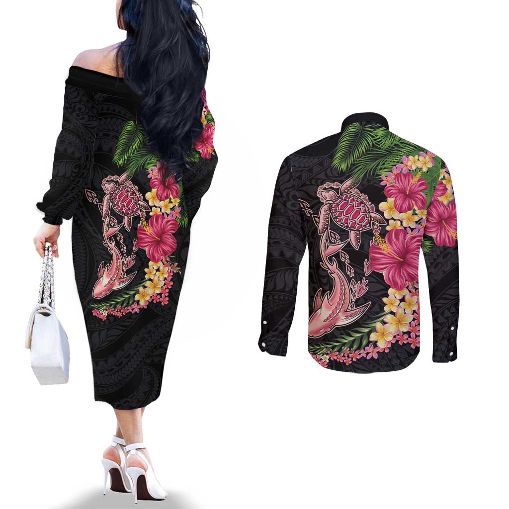 Hawaiian Tropical Plants Turtle and Shark Couples Matching Off The Shoulder Long Sleeve Dress and Long Sleeve Button Shirt Polynesian Art Tattoo LT03 - Polynesian Pride