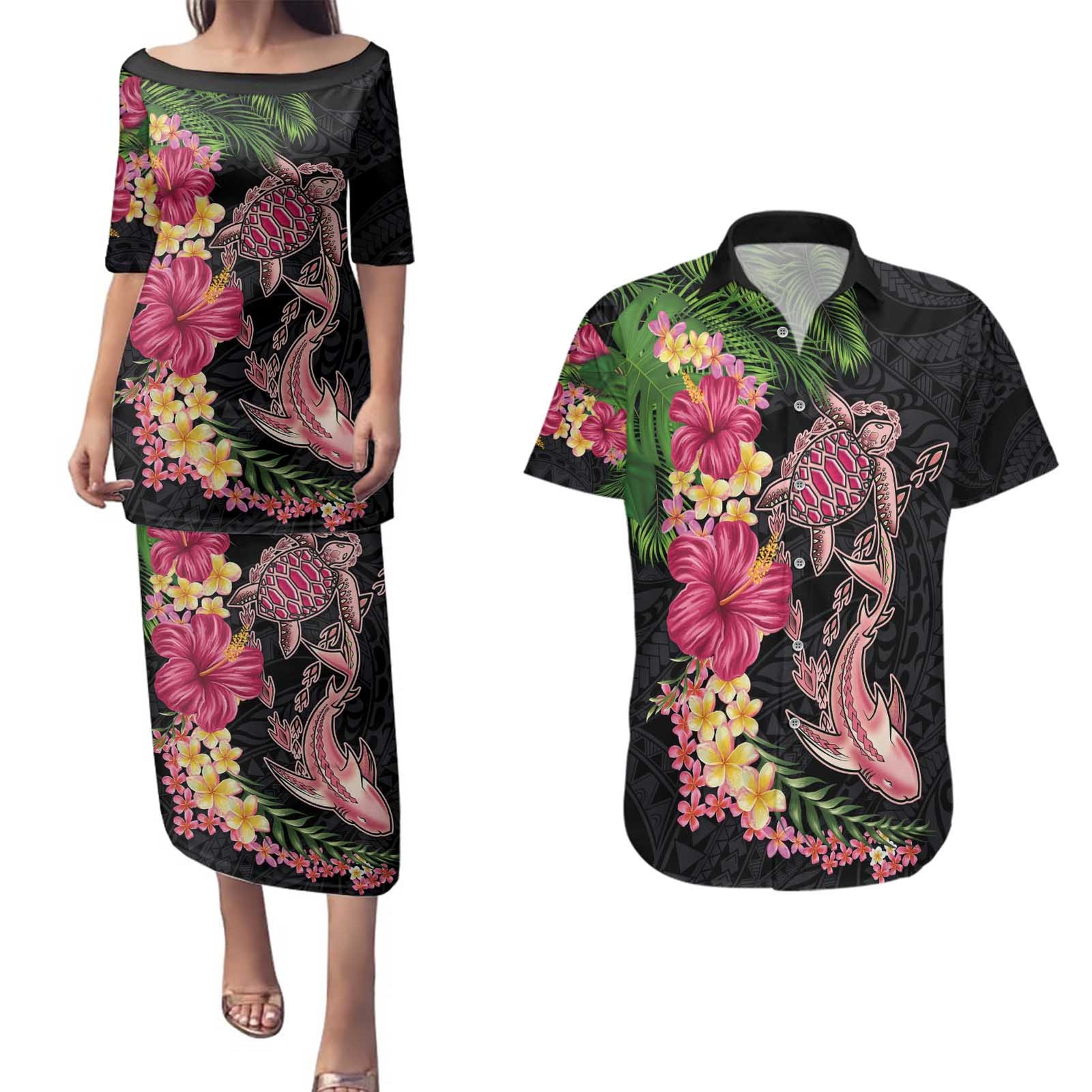 Hawaiian Tropical Plants Turtle and Shark Couples Matching Puletasi and Hawaiian Shirt Polynesian Art Tattoo LT03 Black - Polynesian Pride