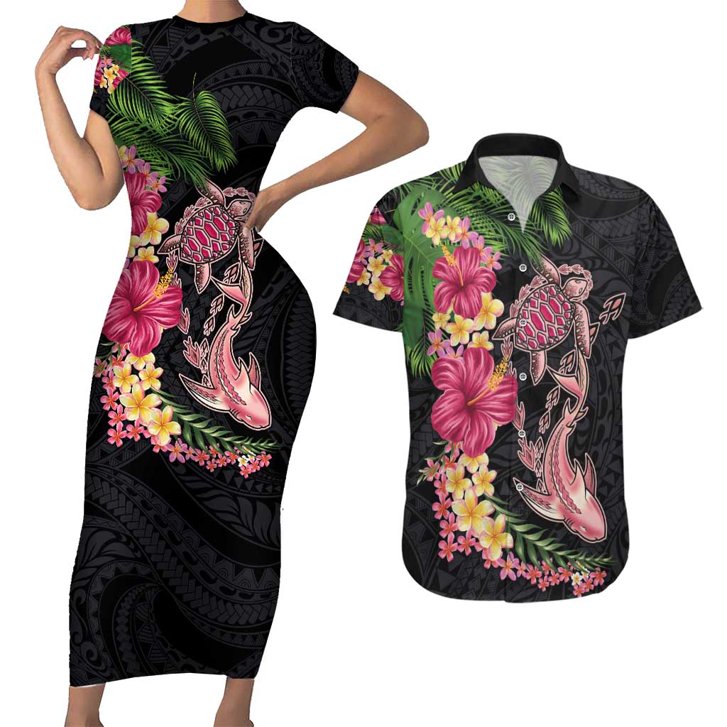 Hawaiian Tropical Plants Turtle and Shark Couples Matching Short Sleeve Bodycon Dress and Hawaiian Shirt Polynesian Art Tattoo LT03 Black - Polynesian Pride