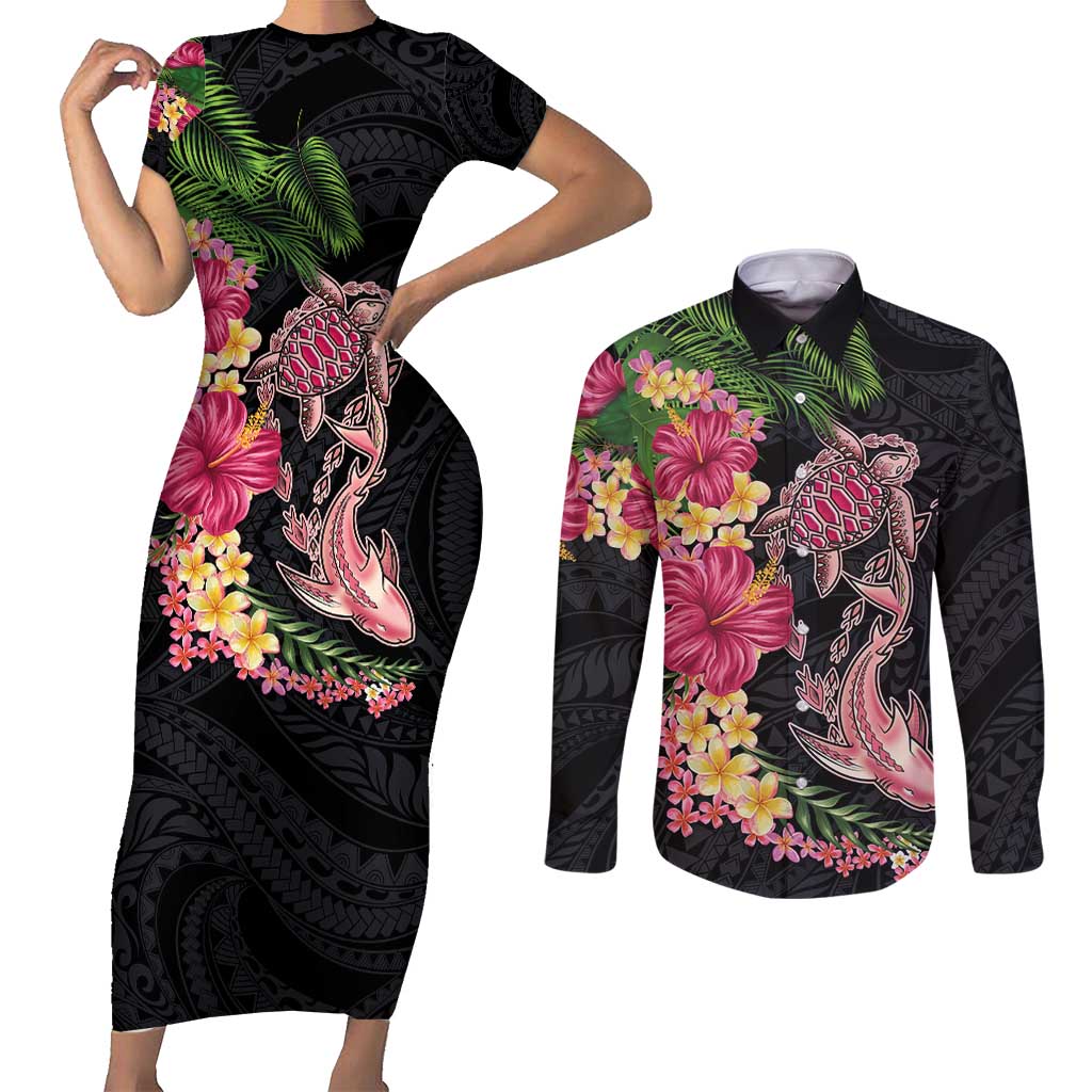 Hawaiian Tropical Plants Turtle and Shark Couples Matching Short Sleeve Bodycon Dress and Long Sleeve Button Shirt Polynesian Art Tattoo LT03 Black - Polynesian Pride