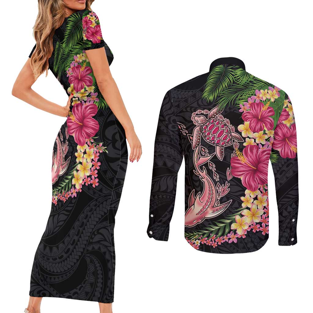 Hawaiian Tropical Plants Turtle and Shark Couples Matching Short Sleeve Bodycon Dress and Long Sleeve Button Shirt Polynesian Art Tattoo LT03 - Polynesian Pride