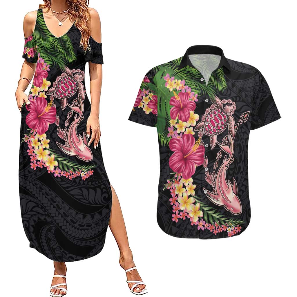 Hawaiian Tropical Plants Turtle and Shark Couples Matching Summer Maxi Dress and Hawaiian Shirt Polynesian Art Tattoo LT03 Black - Polynesian Pride