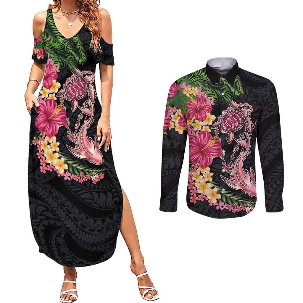 Hawaiian Tropical Plants Turtle and Shark Couples Matching Summer Maxi Dress and Long Sleeve Button Shirt Polynesian Art Tattoo LT03 Black - Polynesian Pride