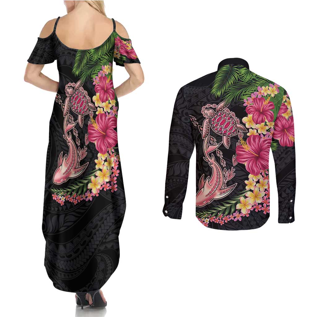Hawaiian Tropical Plants Turtle and Shark Couples Matching Summer Maxi Dress and Long Sleeve Button Shirt Polynesian Art Tattoo LT03 - Polynesian Pride