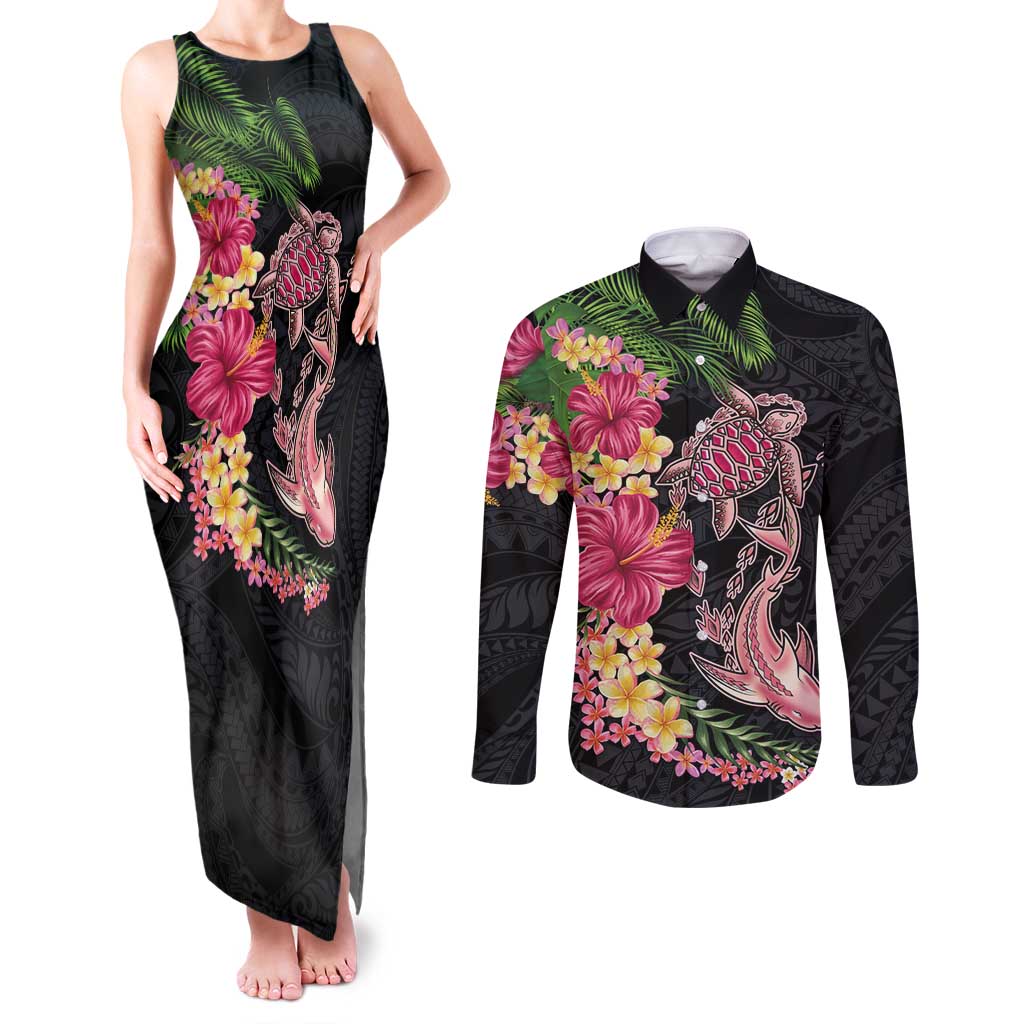 Hawaiian Tropical Plants Turtle and Shark Couples Matching Tank Maxi Dress and Long Sleeve Button Shirt Polynesian Art Tattoo LT03 Black - Polynesian Pride