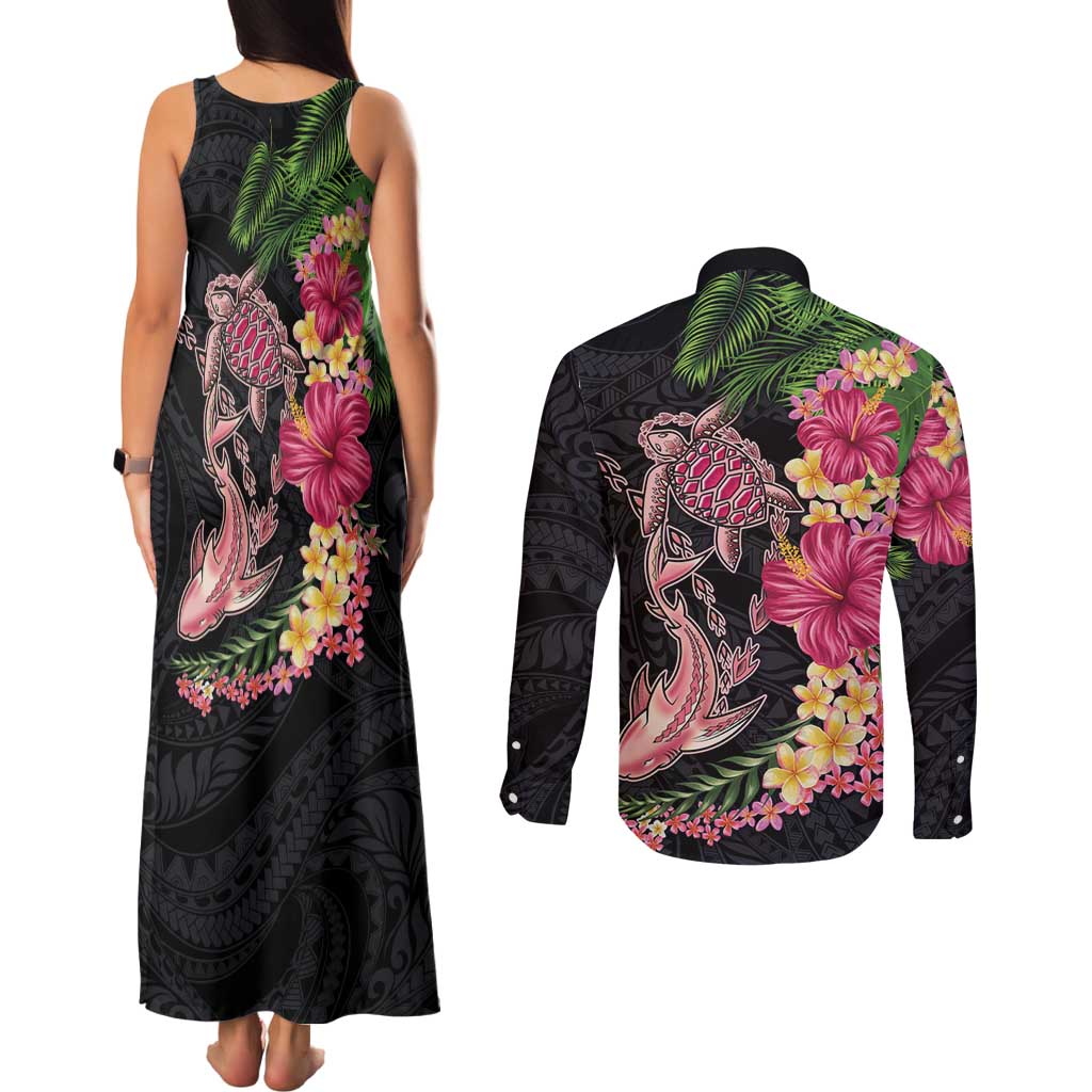 Hawaiian Tropical Plants Turtle and Shark Couples Matching Tank Maxi Dress and Long Sleeve Button Shirt Polynesian Art Tattoo LT03 - Polynesian Pride