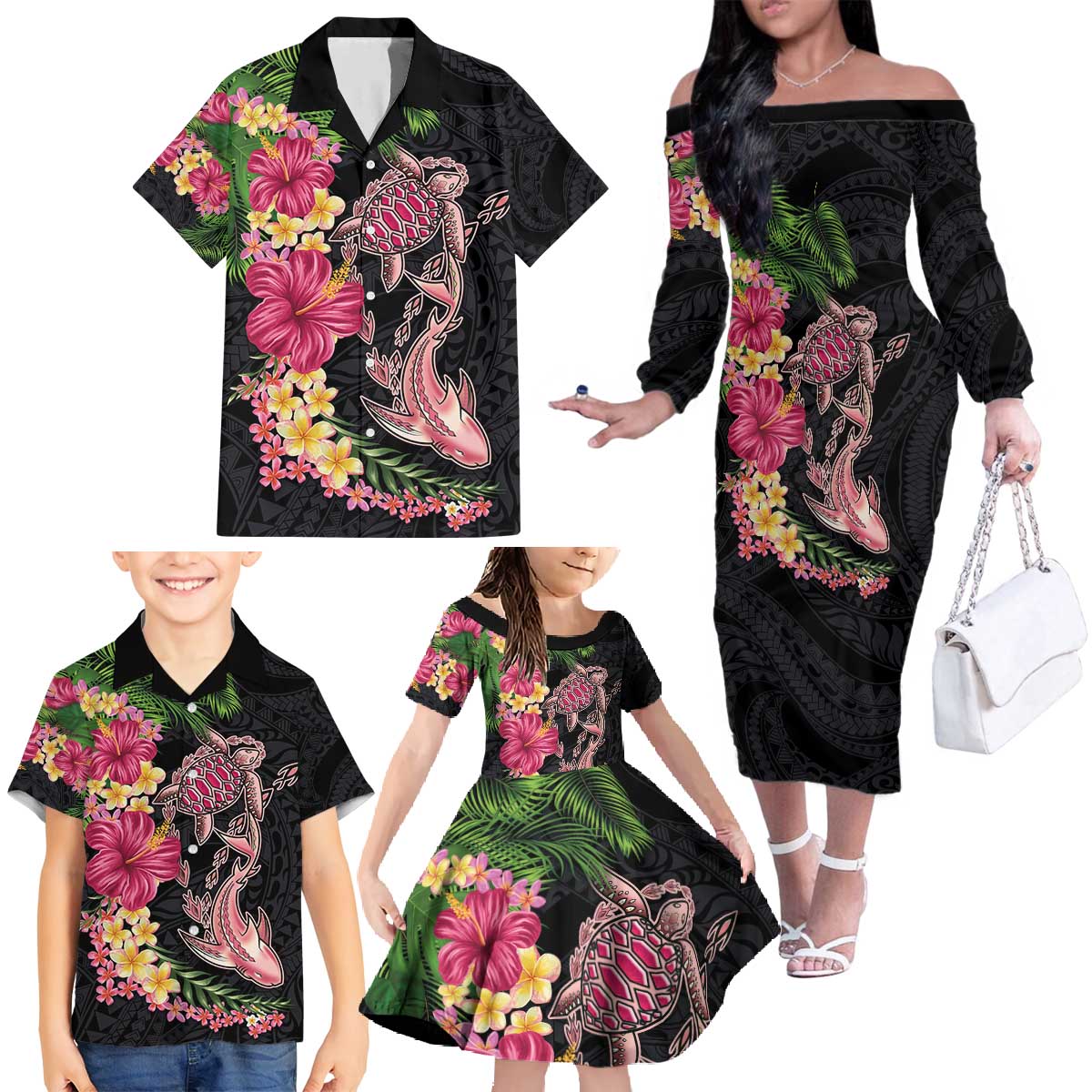 Hawaiian Tropical Plants Turtle and Shark Family Matching Off The Shoulder Long Sleeve Dress and Hawaiian Shirt Polynesian Art Tattoo LT03 - Polynesian Pride