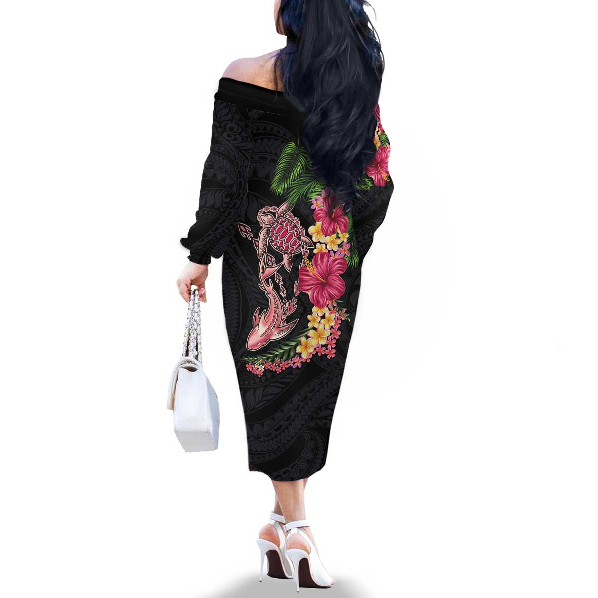 Hawaiian Tropical Plants Turtle and Shark Family Matching Off The Shoulder Long Sleeve Dress and Hawaiian Shirt Polynesian Art Tattoo LT03 - Polynesian Pride