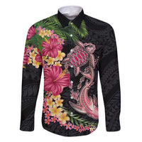 Hawaiian Tropical Plants Turtle and Shark Family Matching Off Shoulder Short Dress and Hawaiian Shirt Polynesian Art Tattoo