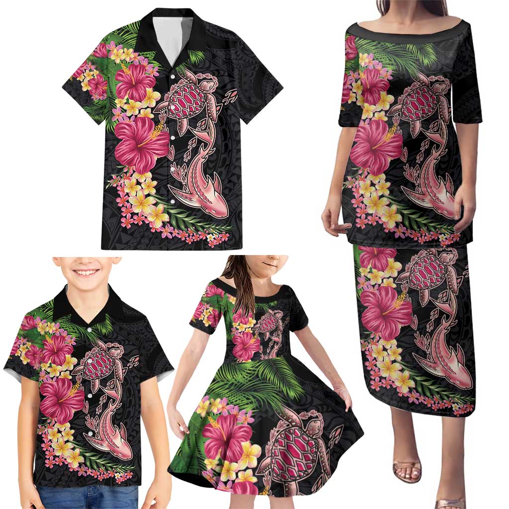 Hawaiian Tropical Plants Turtle and Shark Family Matching Puletasi and Hawaiian Shirt Polynesian Art Tattoo