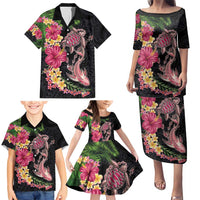Hawaiian Tropical Plants Turtle and Shark Family Matching Puletasi and Hawaiian Shirt Polynesian Art Tattoo