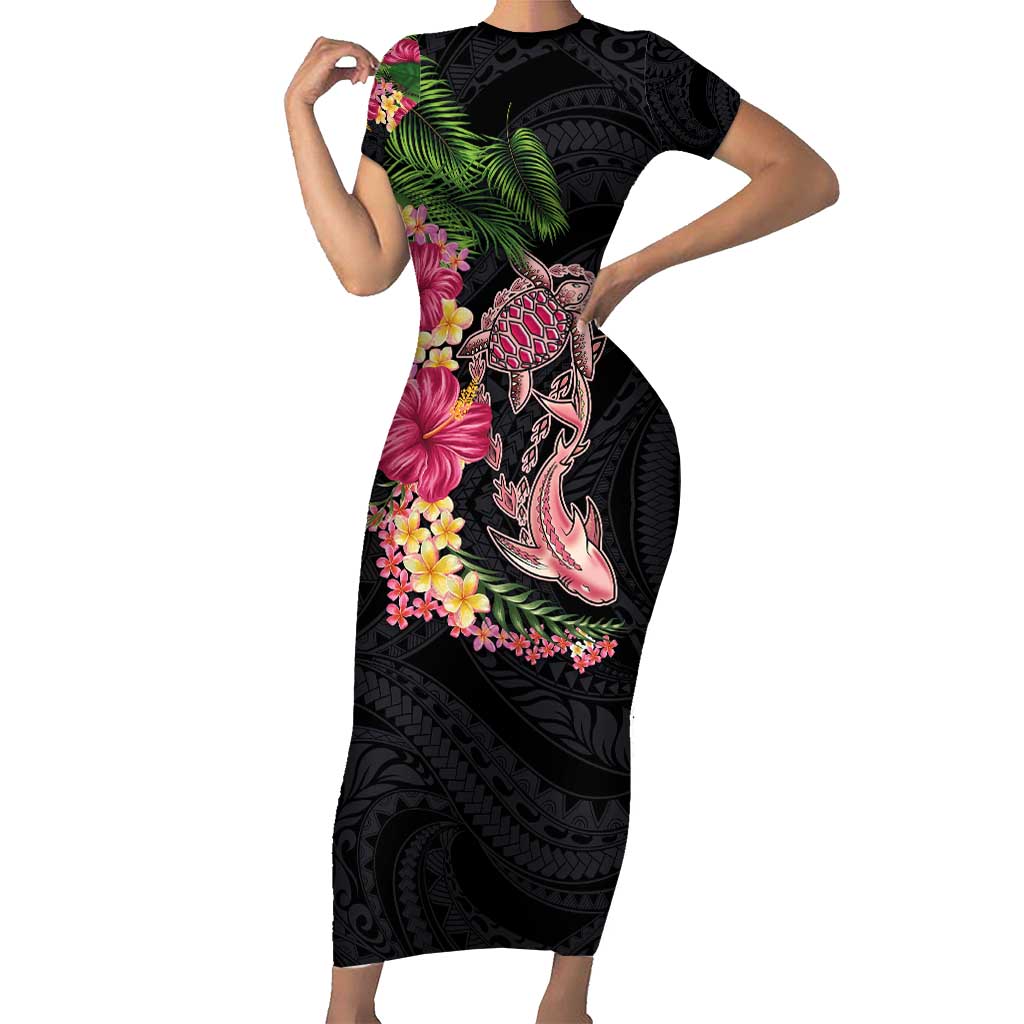 Hawaiian Tropical Plants Turtle and Shark Family Matching Short Sleeve Bodycon Dress and Hawaiian Shirt Polynesian Art Tattoo