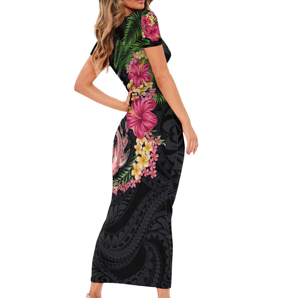 Hawaiian Tropical Plants Turtle and Shark Family Matching Short Sleeve Bodycon Dress and Hawaiian Shirt Polynesian Art Tattoo