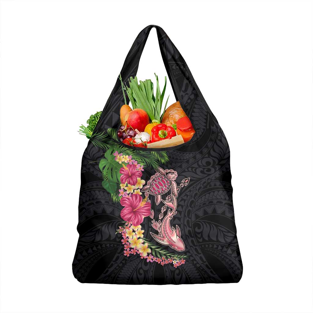 Hawaiian Tropical Plants Turtle and Shark Grocery Bag Polynesian Art Tattoo LT03 1-pack One Size Black - Polynesian Pride