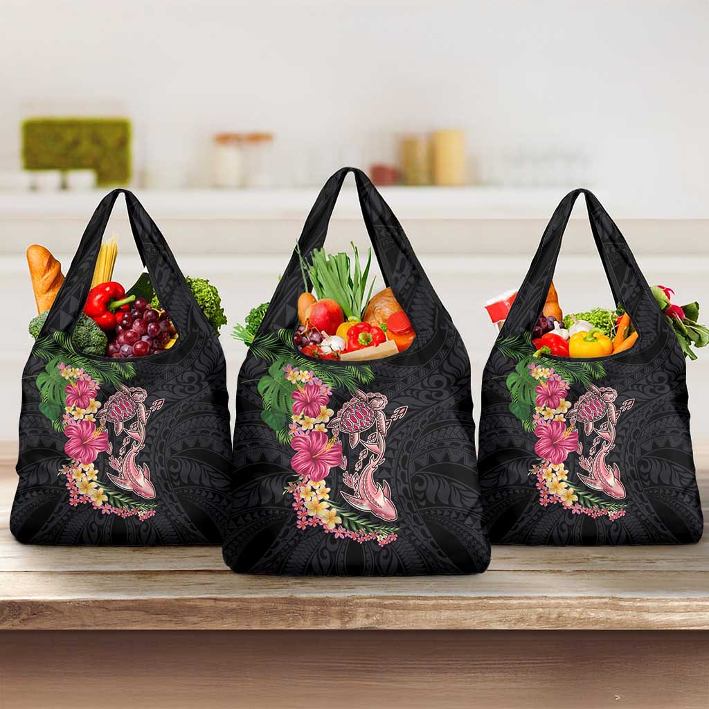 Hawaiian Tropical Plants Turtle and Shark Grocery Bag Polynesian Art Tattoo LT03 3-pack One Size Black - Polynesian Pride