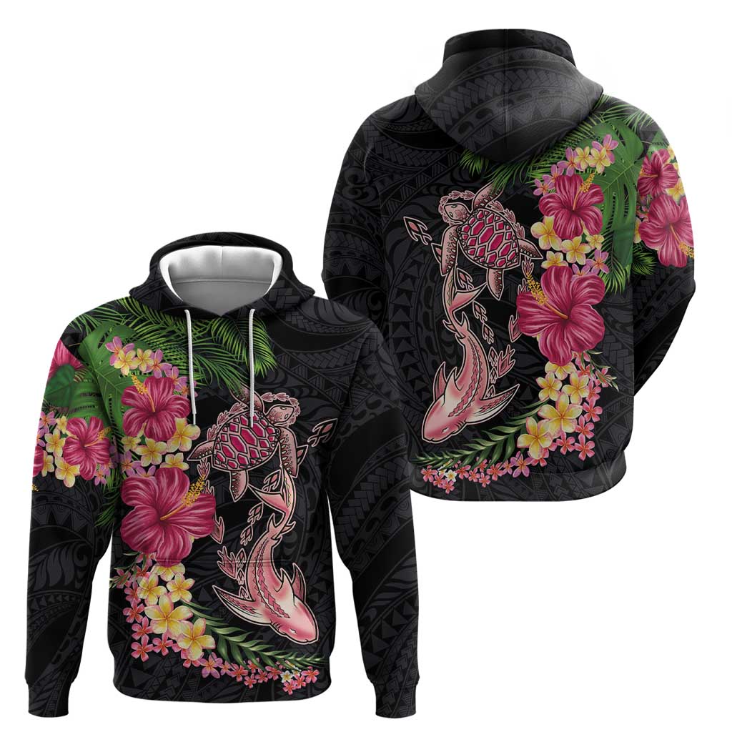 Hawaiian Tropical Plants Turtle and Shark Hoodie Polynesian Art Tattoo