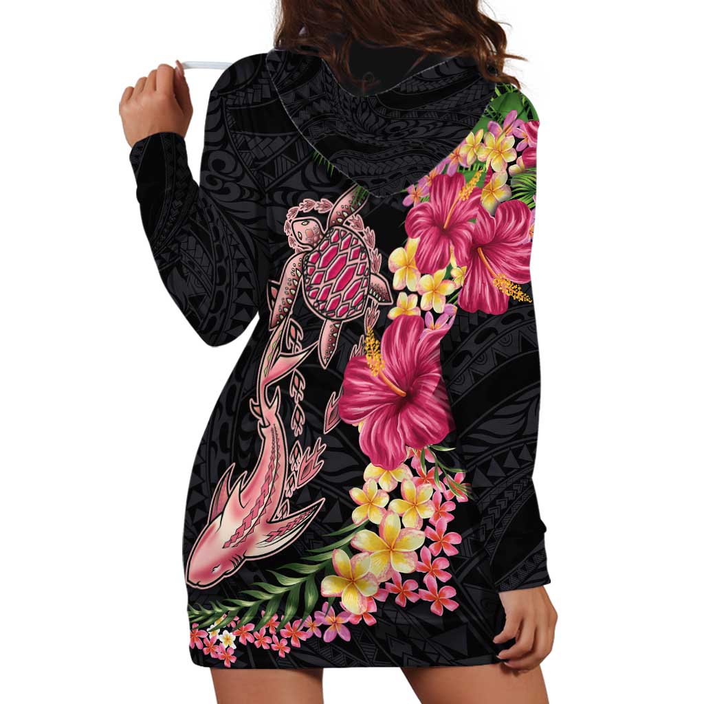 Hawaiian Tropical Plants Turtle and Shark Hoodie Dress Polynesian Art Tattoo