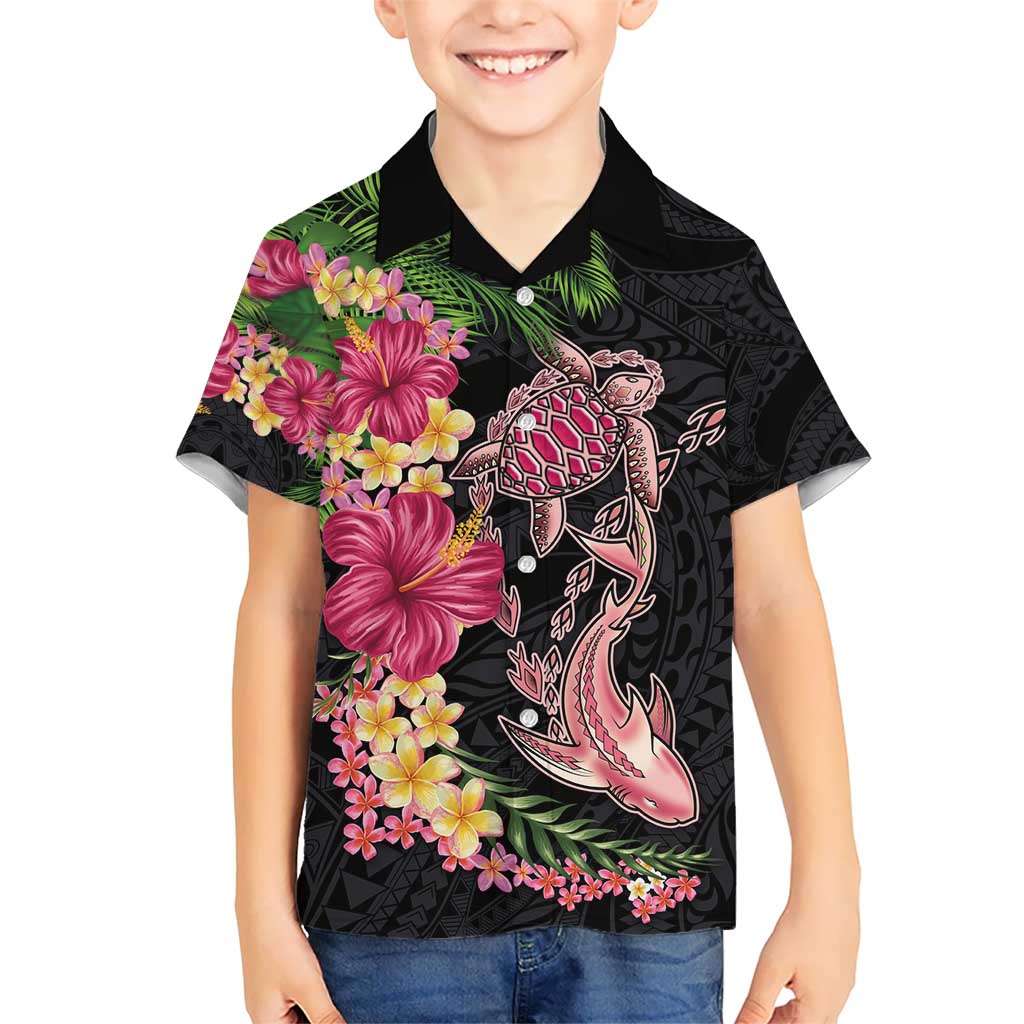 Hawaiian Tropical Plants Turtle and Shark Kid Hawaiian Shirt Polynesian Art Tattoo
