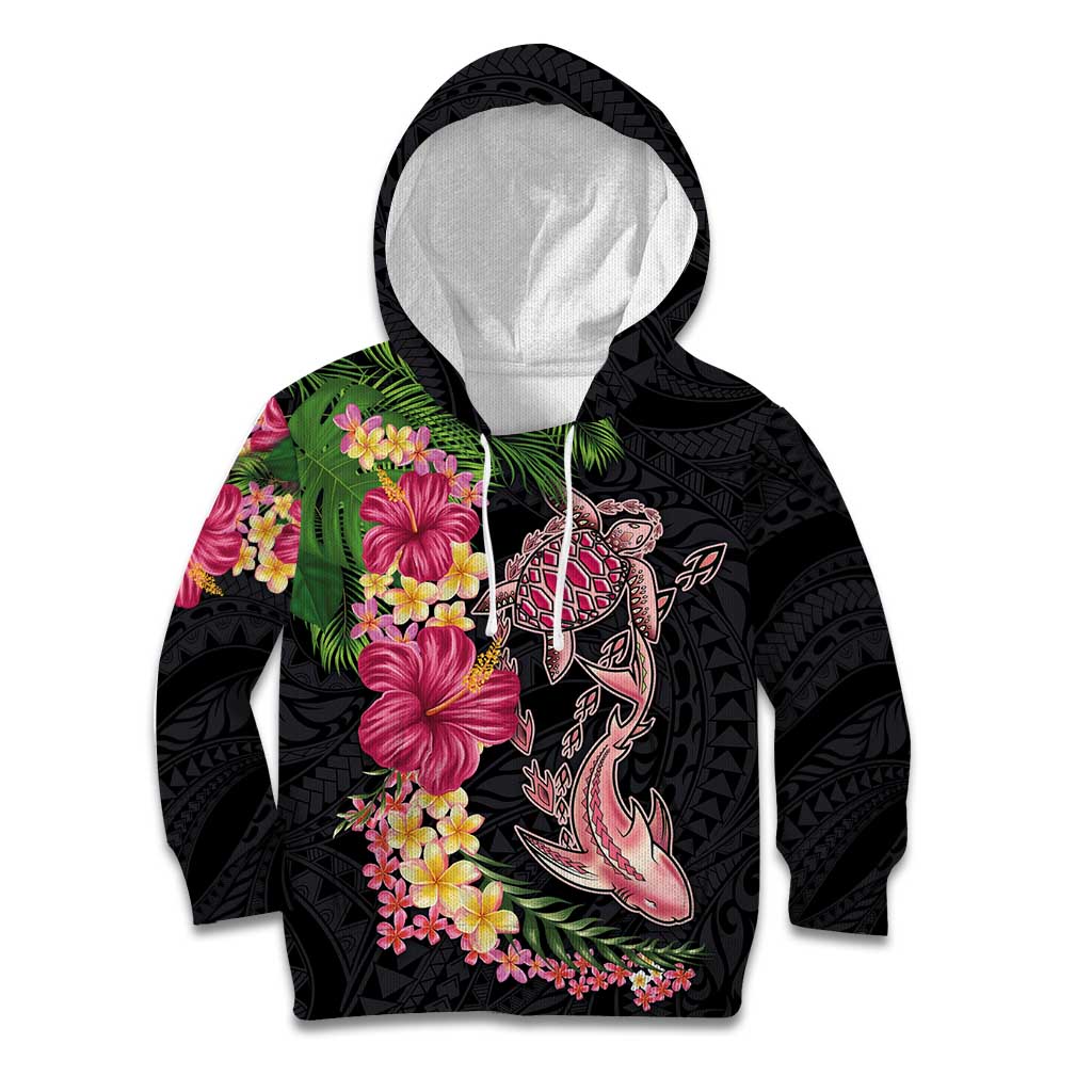 Hawaiian Tropical Plants Turtle and Shark Kid Hoodie Polynesian Art Tattoo