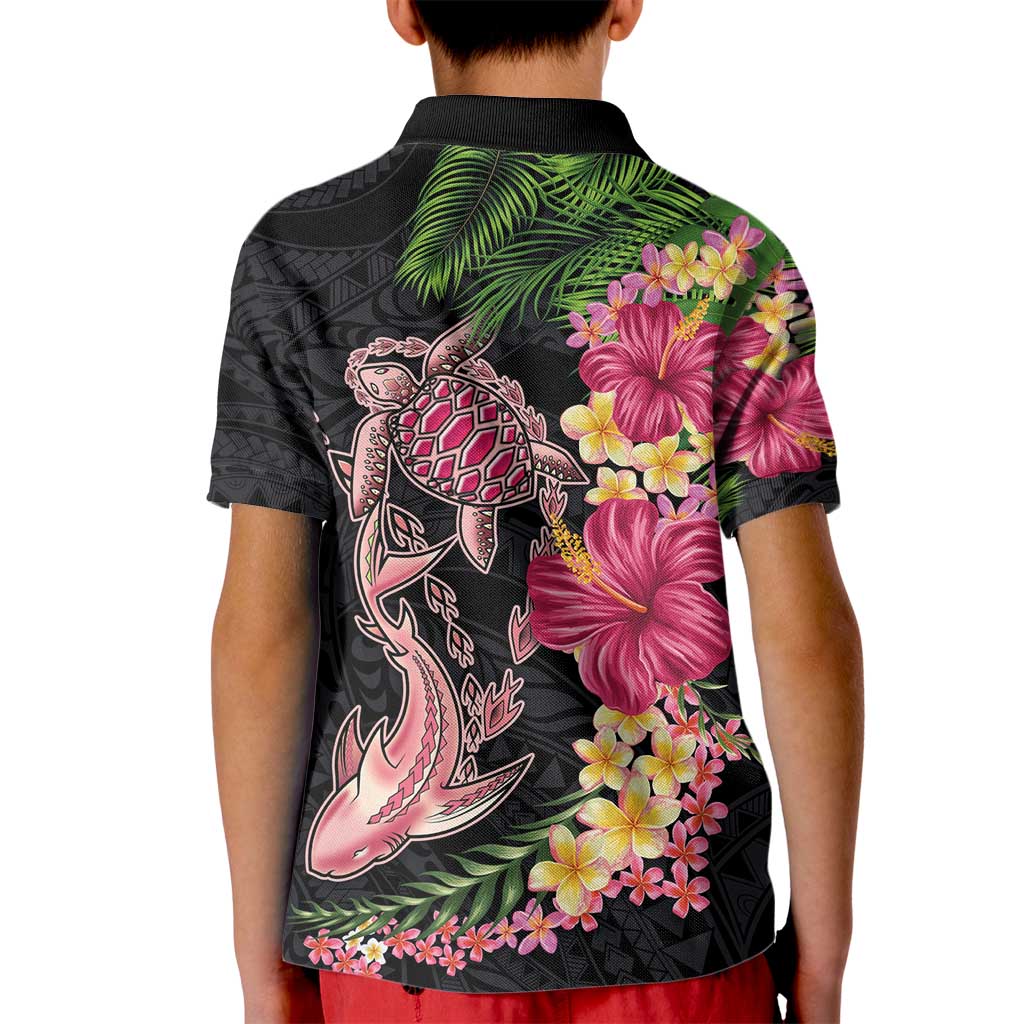 Hawaiian Tropical Plants Turtle and Shark Kid Polo Shirt Polynesian Art Tattoo