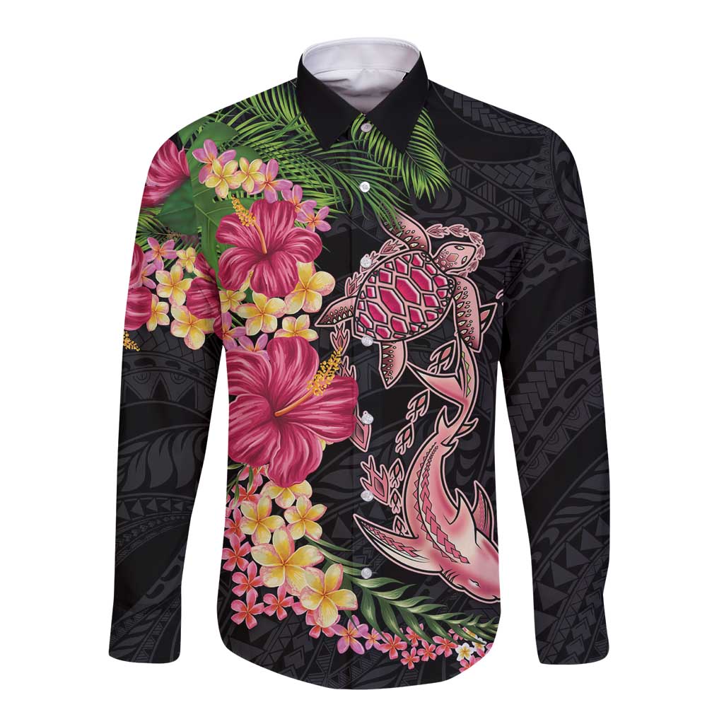 Hawaiian Tropical Plants Turtle and Shark Long Sleeve Button Shirt Polynesian Art Tattoo LT03 Unisex Black - Polynesian Pride