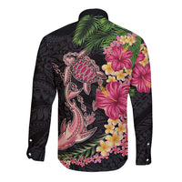 Hawaiian Tropical Plants Turtle and Shark Long Sleeve Button Shirt Polynesian Art Tattoo LT03 - Polynesian Pride